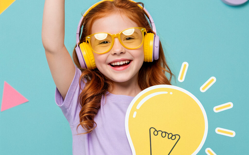 Girl wearing headphones and safety glasses.