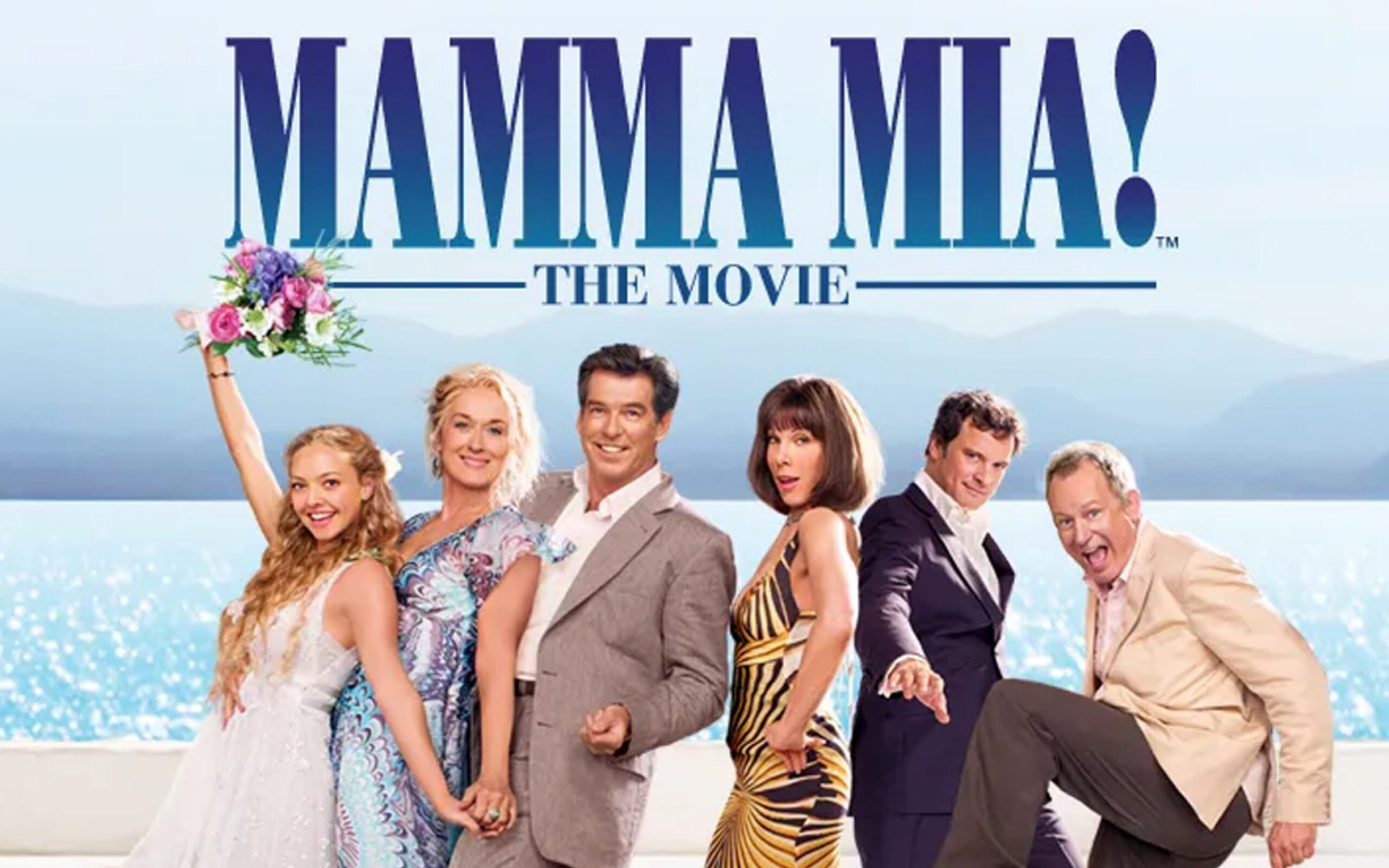 Mamma Mia promo with a photo of a bride, groom and family.