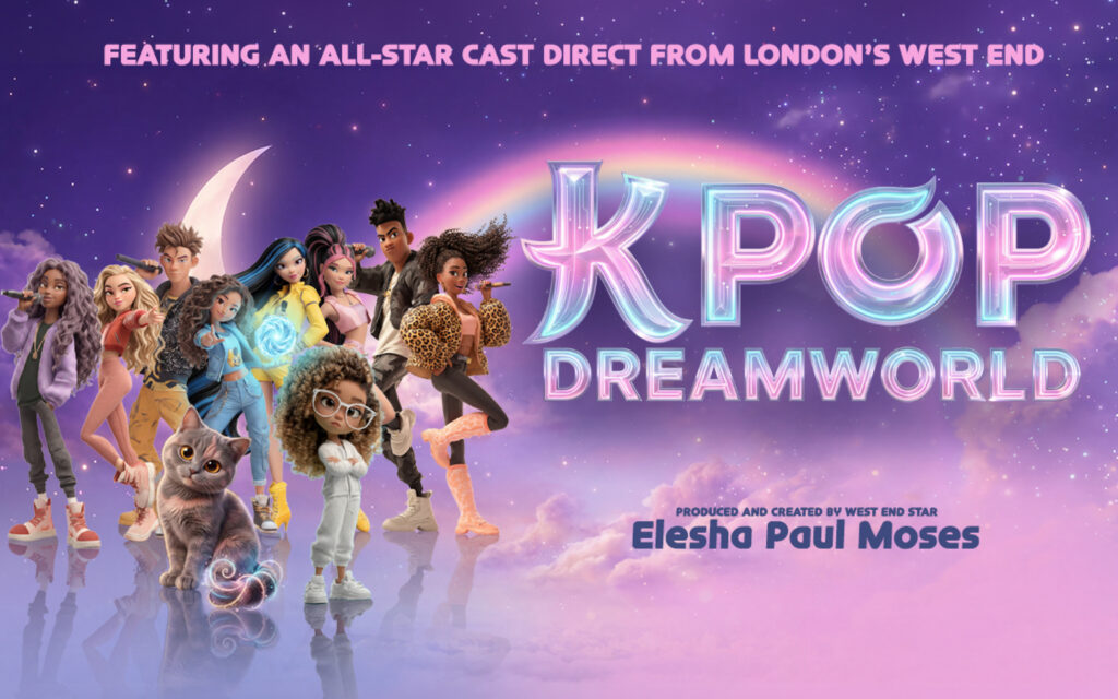 KPop Dreamworld promo with graphic rainbow and doll-like girls.
