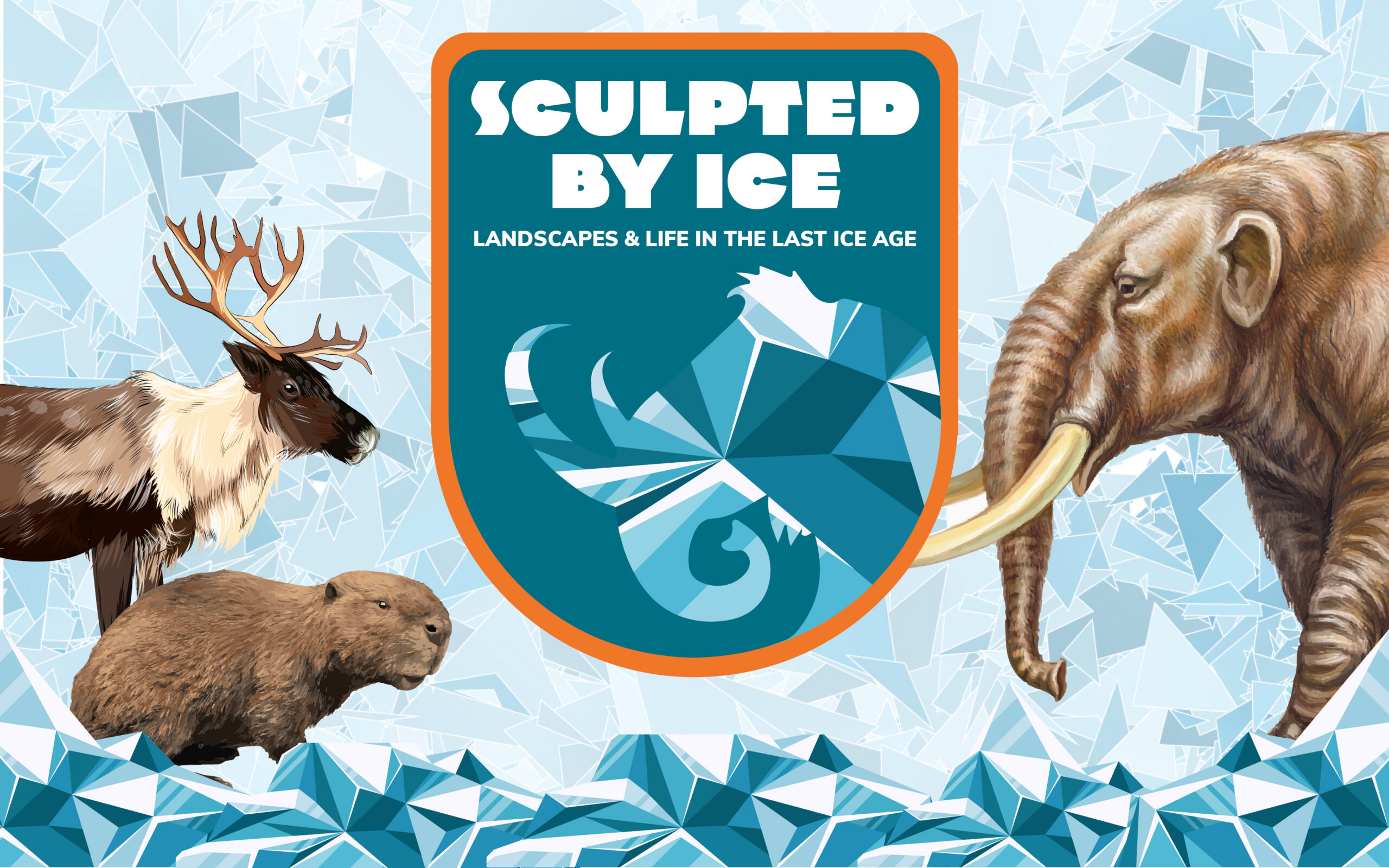 Poster with a beaver, deer and mammoth.