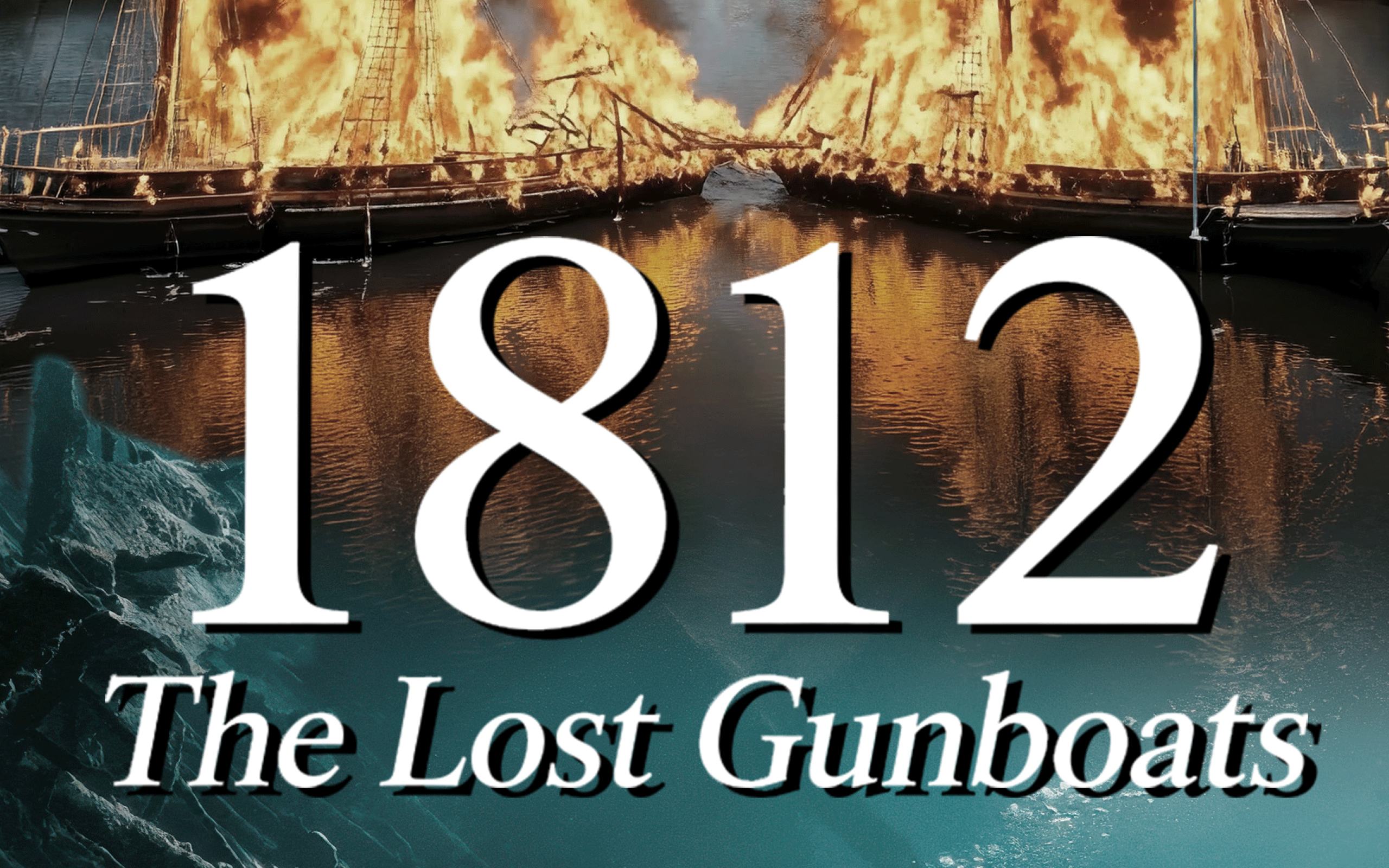 Two pirate ships on fire with a scuba diver in the water.