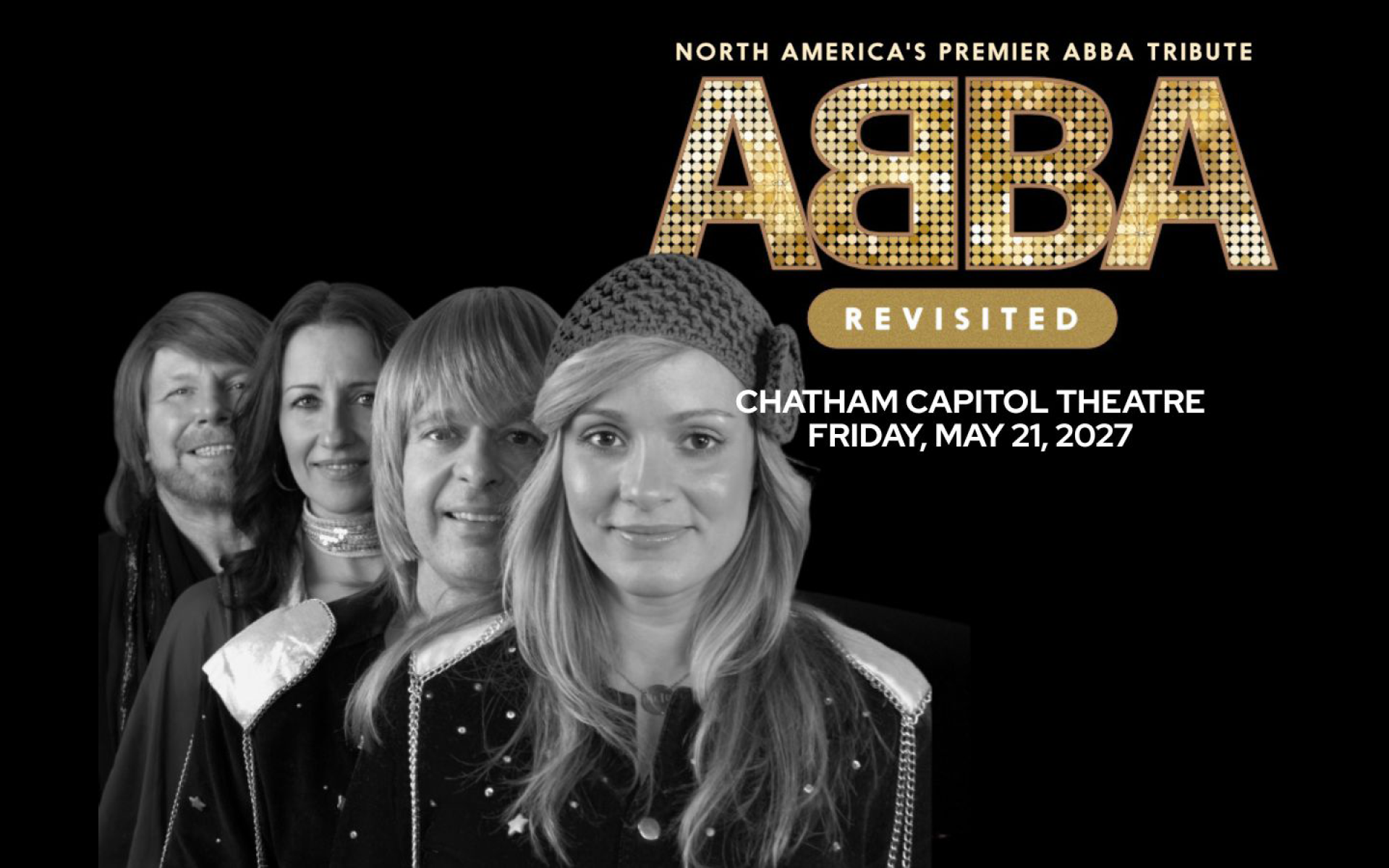Four people pictured black and white on a black background with the word ABBA in big letters.