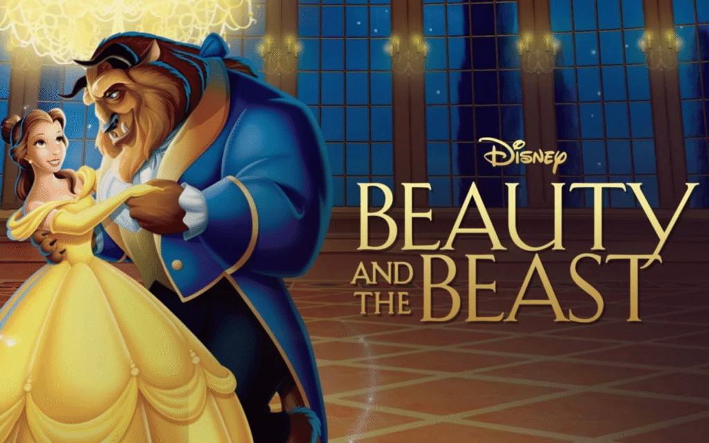 Cartoon Princess and Beast dancing together with the words Beauty and the Beast.