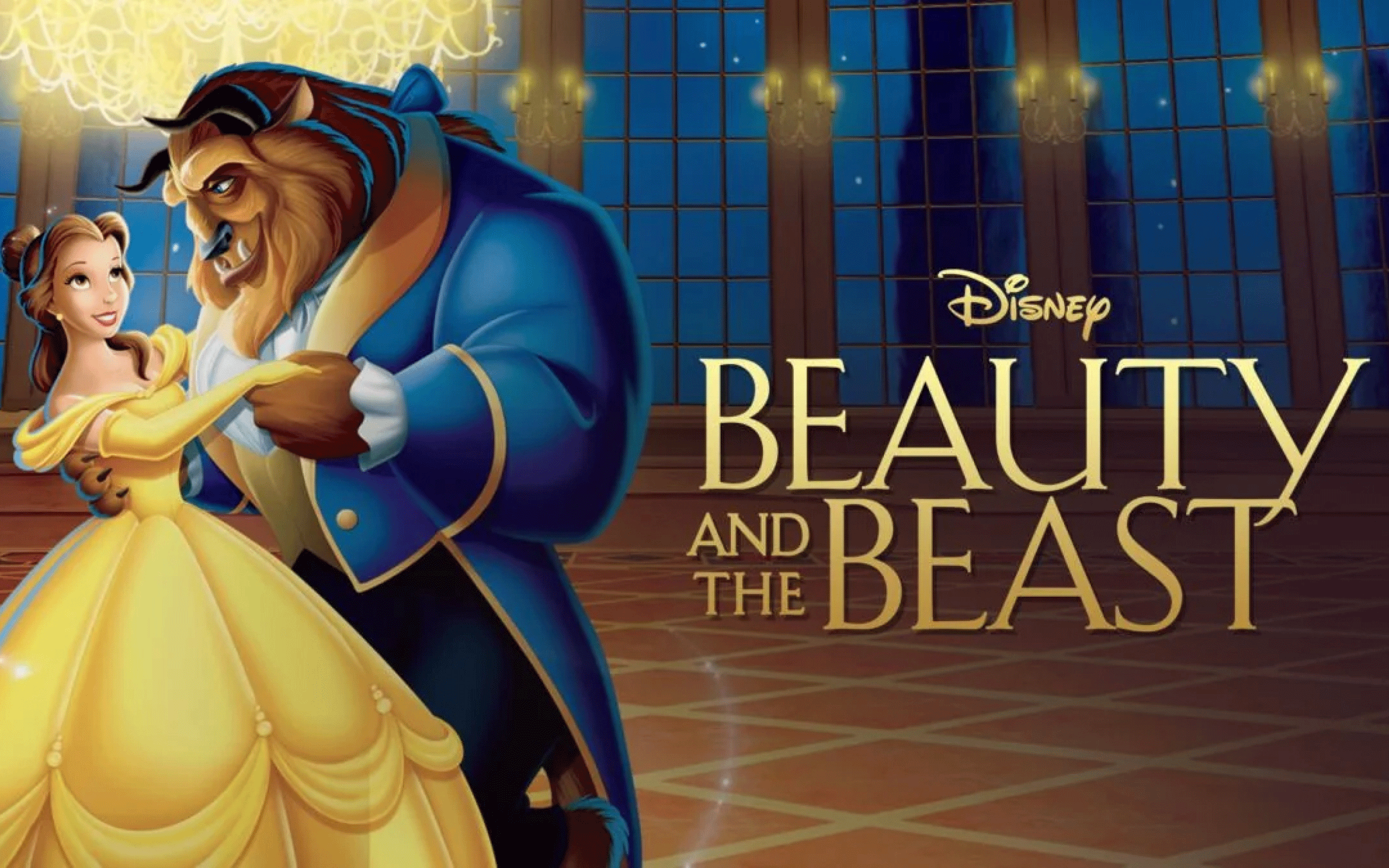 Cartoon Princess and Beast dancing together with the words Beauty and the Beast.