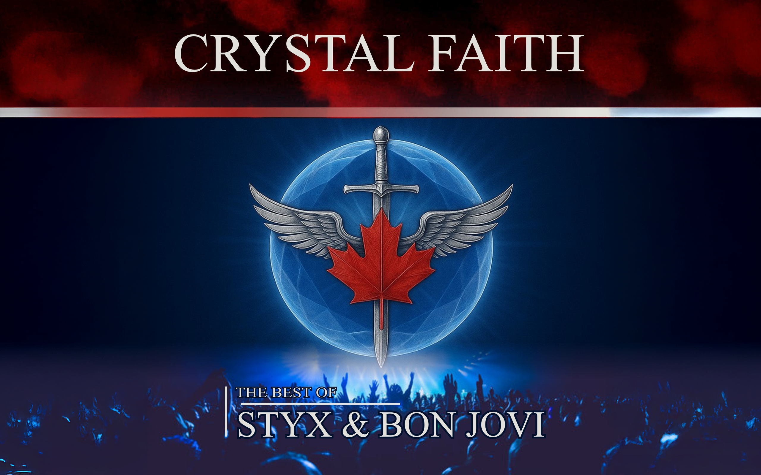 A silver sword with wings and red maple leaf on a blue back ground with Crystal Faith in red.