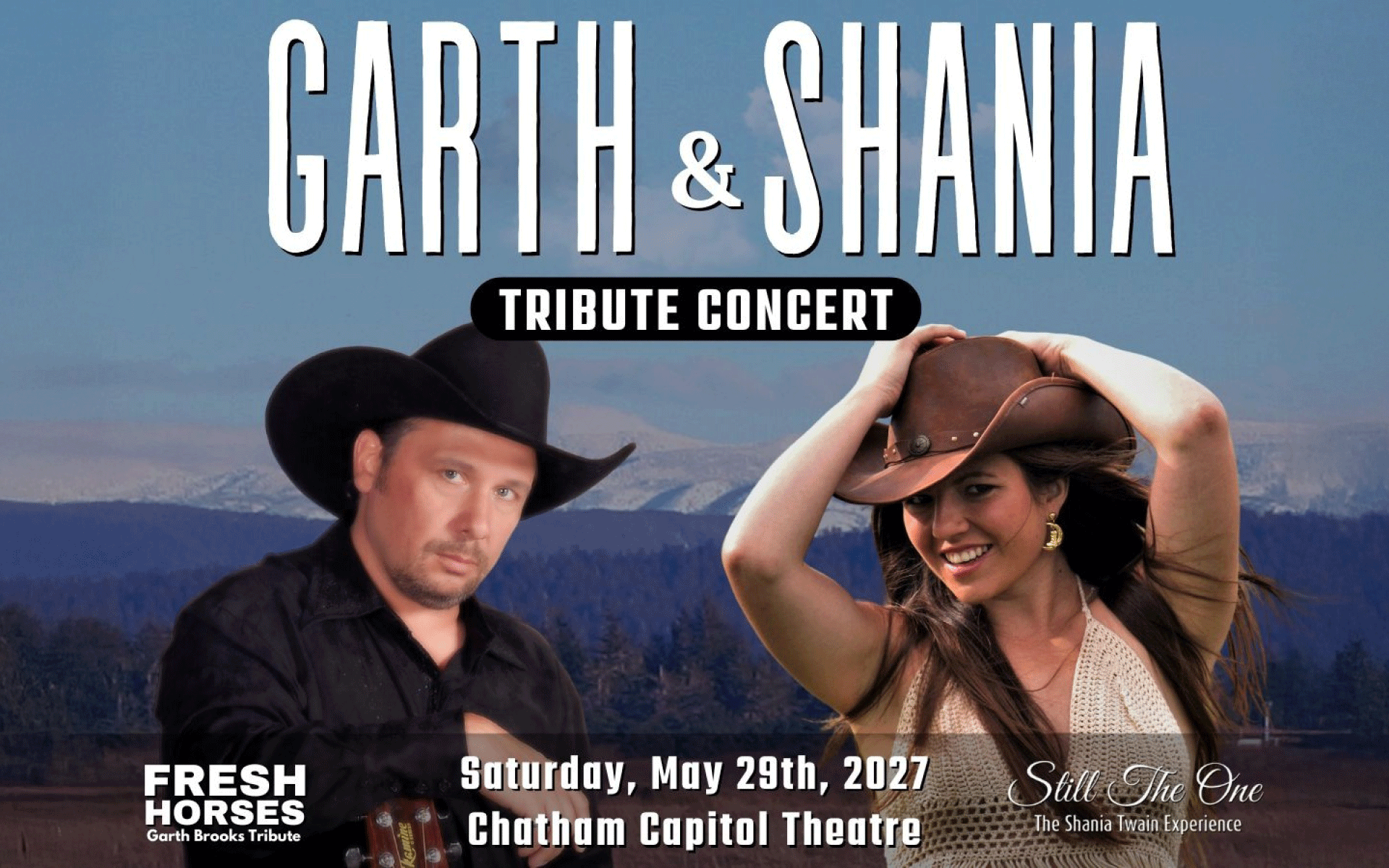 A man and women in cowboy hats standing in front of a hillside mountain background with the words Garth and Shania.