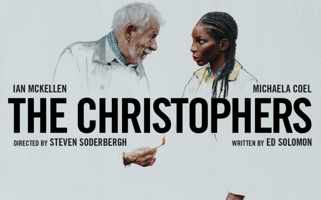 The silhouette of two people facing eachother on a white background with the word The Christophers.