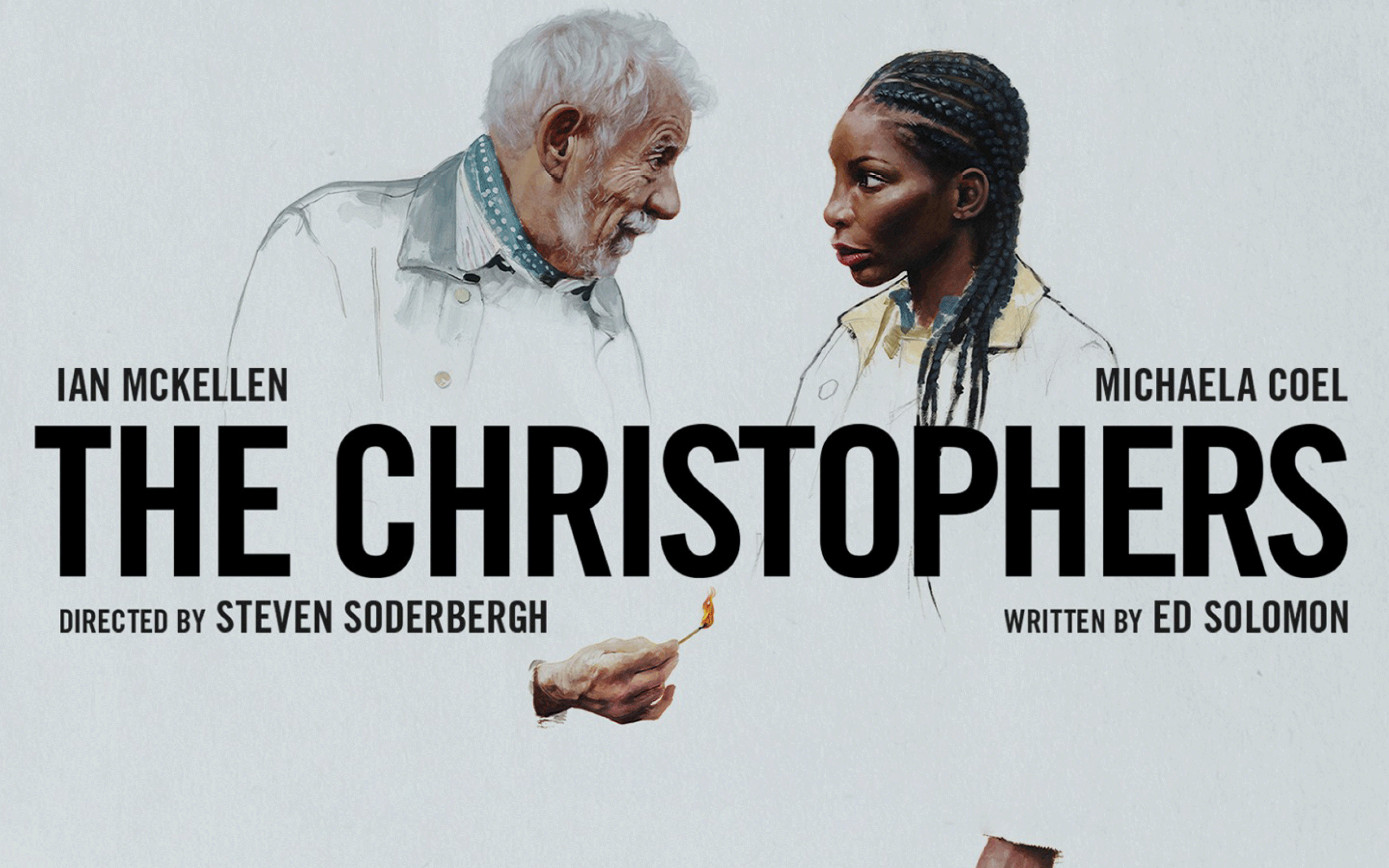 The silhouette of two people facing eachother on a white background with the word The Christophers.