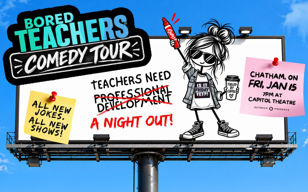 Cartoon billboard with cartoon character and a blue sky background.