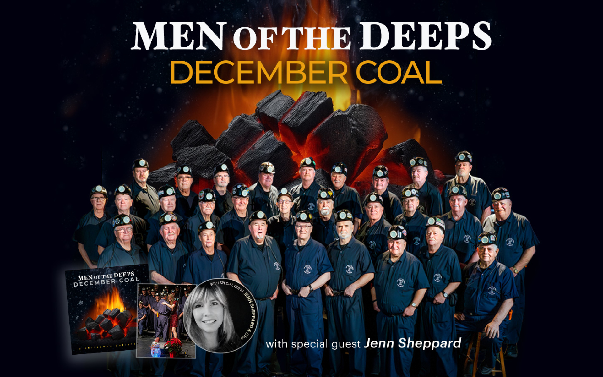 A group photo of coal mining men with burning coal in the background.