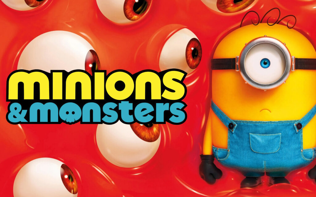A red background with eye balls and a yellow Minion with one eye wearing an apron.