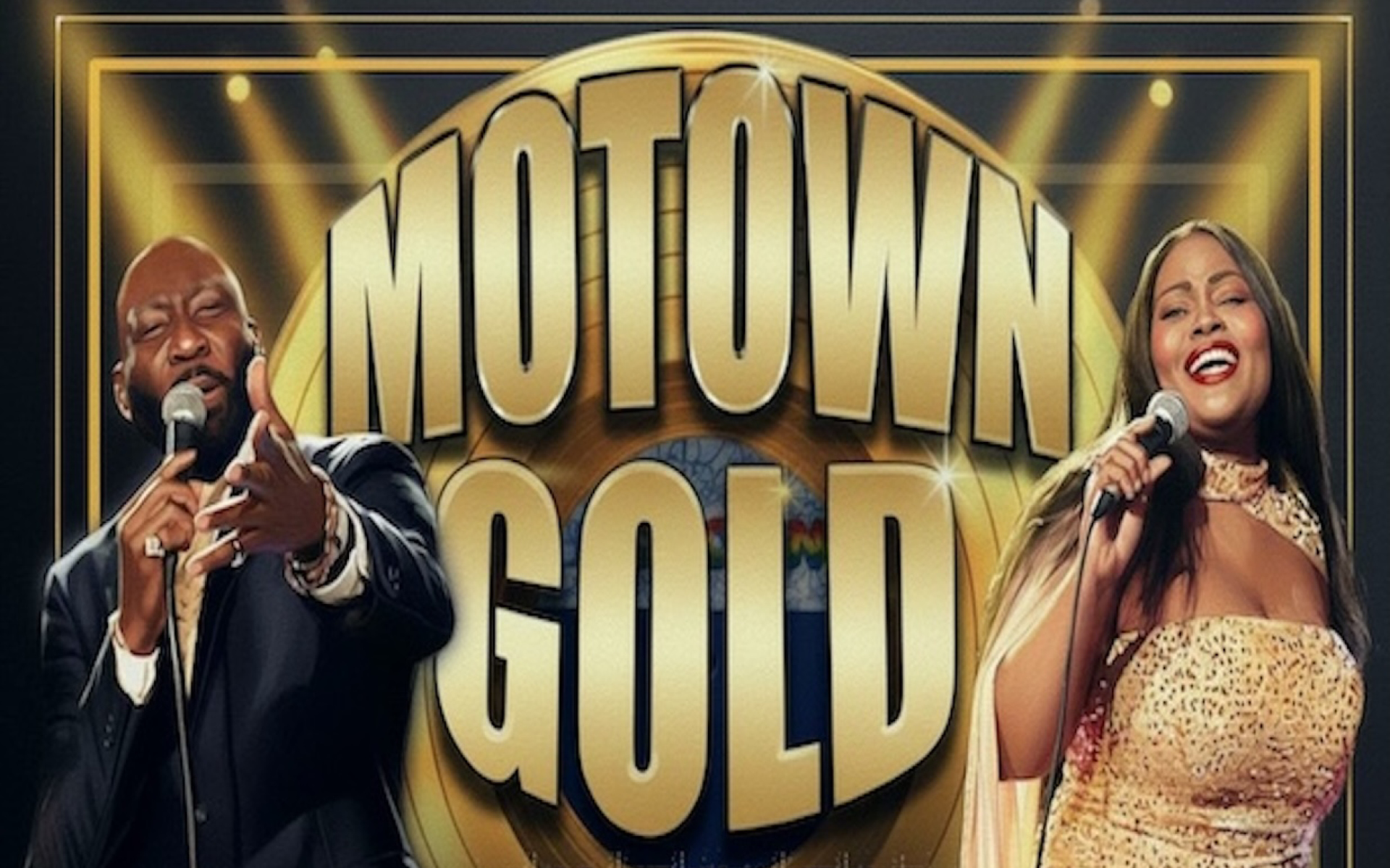 A women and man singing with Motown Gold in gold lettering.
