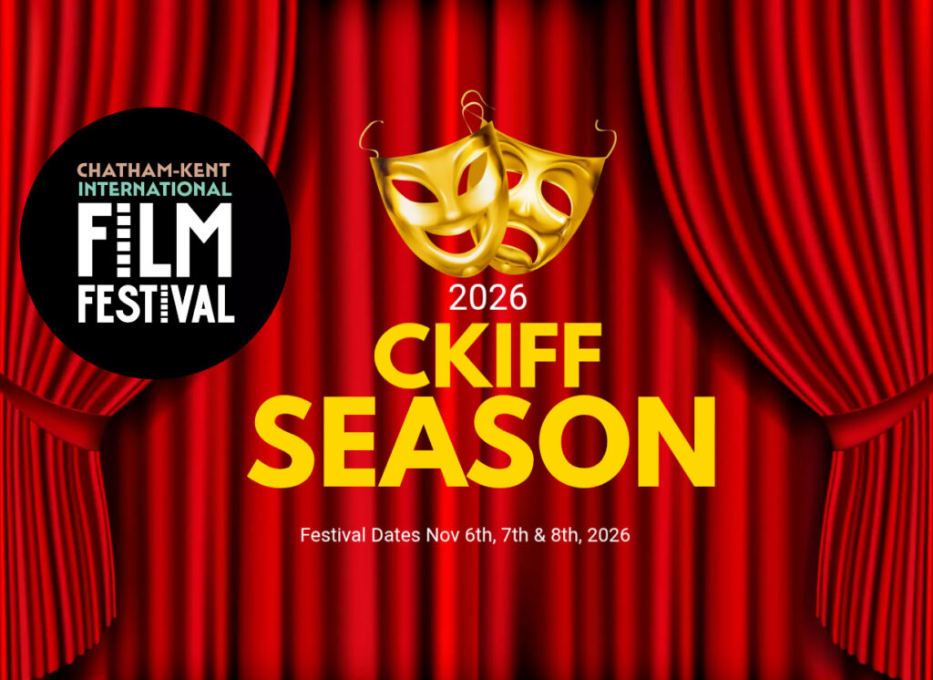 Red curtains with masks. Chatham-Kent International Film Festival logo and CKIFF Season words.