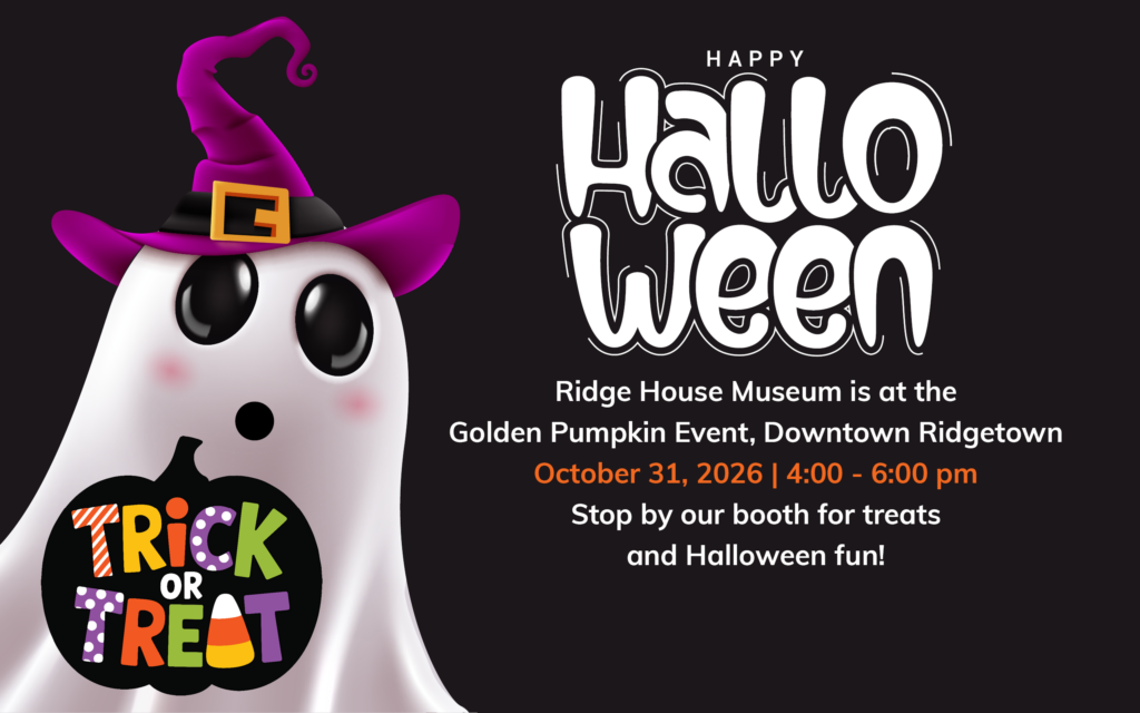 White ghost with a purple witches hat holding a pumpkin that says trick-or-treat.