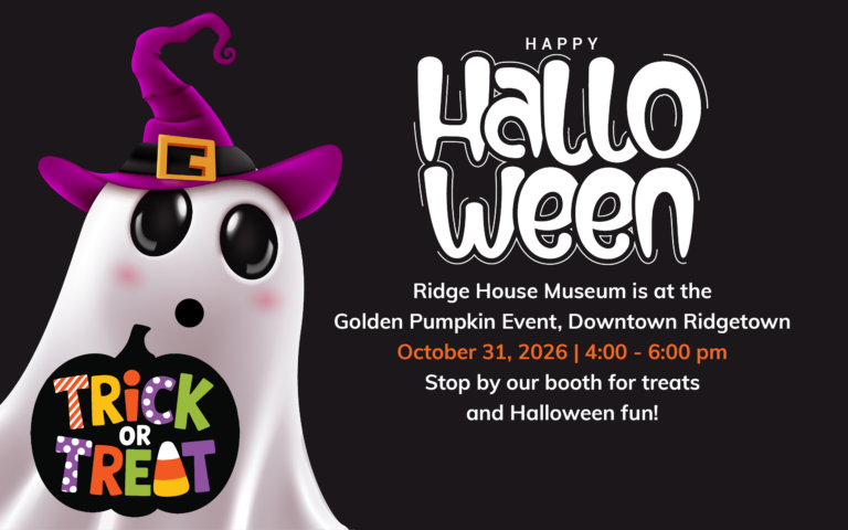 White ghost with a purple witches hat holding a pumpkin that says trick-or-treat.