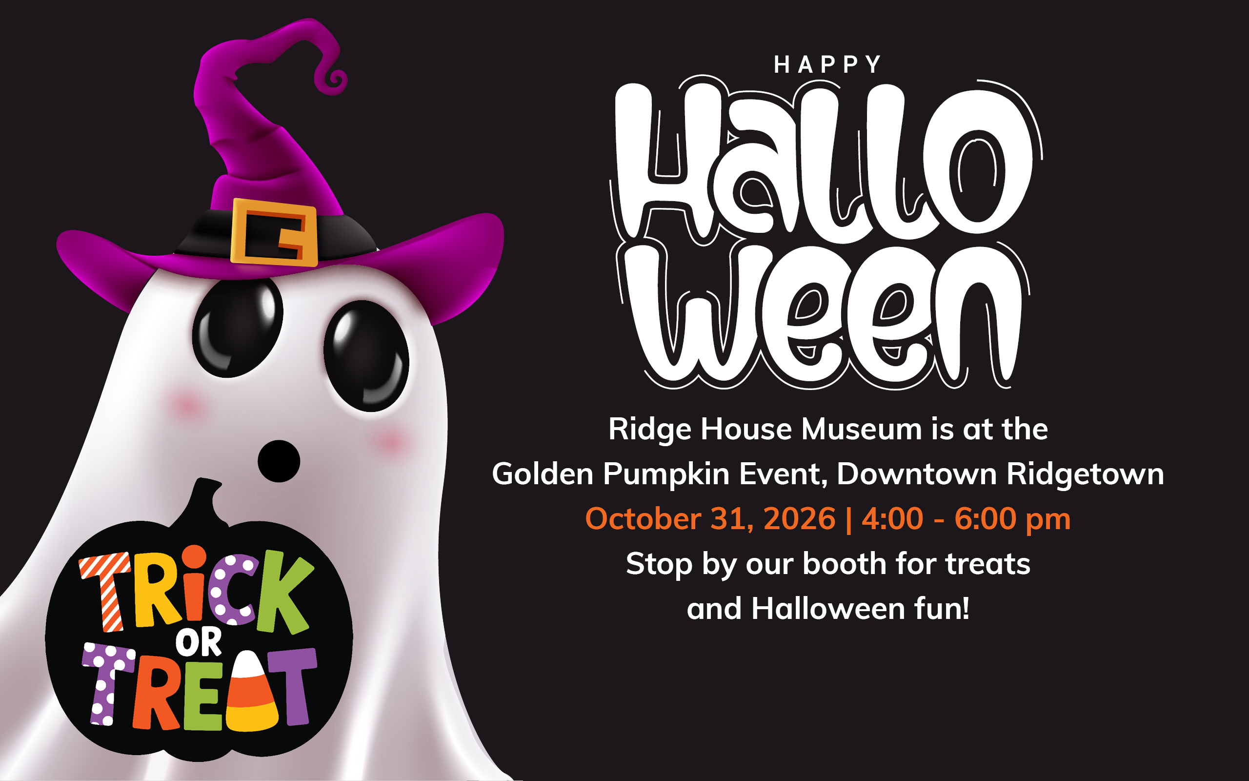 White ghost with a purple witches hat holding a pumpkin that says trick-or-treat.